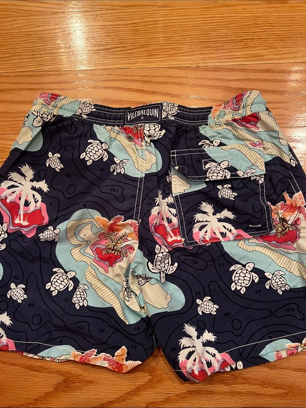 Vilebrequin Navy Swim Trunks with Multicolor Tropical Turtle Motif
